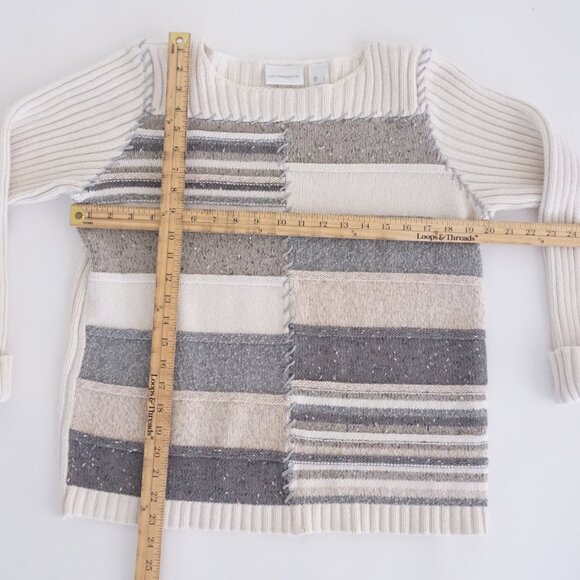 Liz Claiborne Patchwork Knit Sweater Neutral Gray Cream Minimalist Cottagecore L - Picture 3 of 9